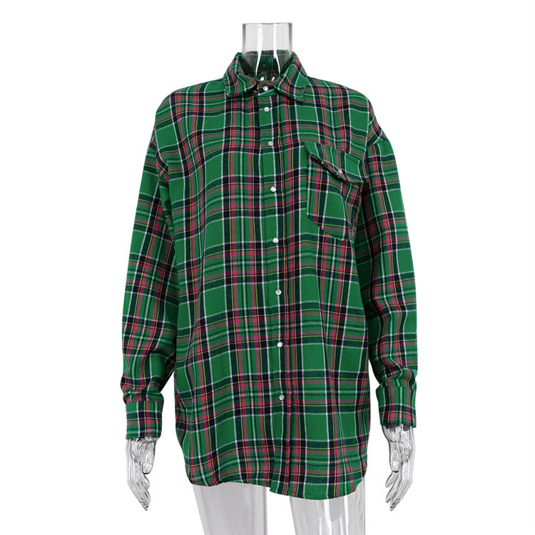 Women Clothing Autumn Winter Retro Loose Plaid Shacket Collared Long Sleeve Shirt Green