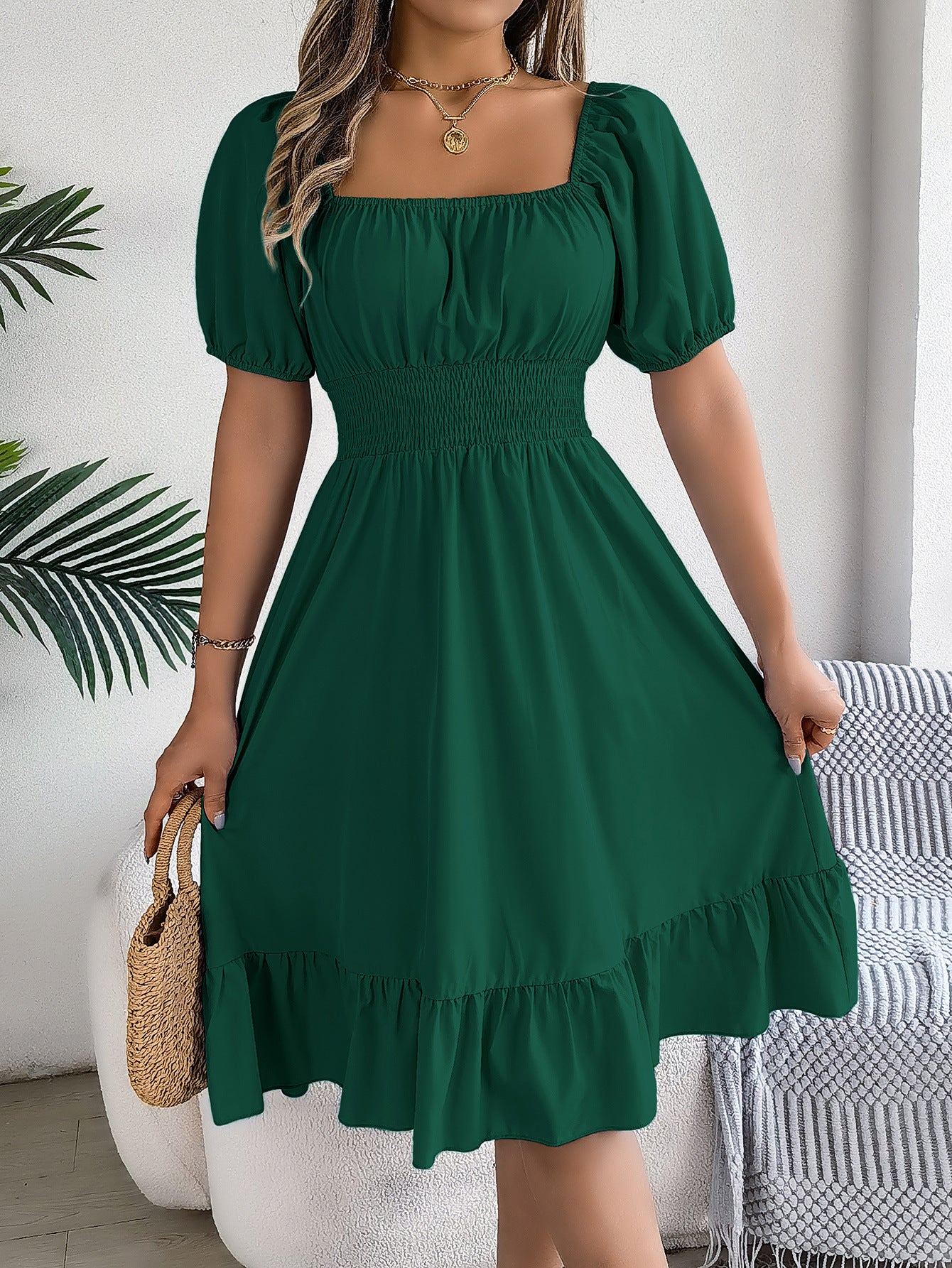 Spring Summer Casual Square Collar Short Sleeve Waist Trimming Ruffles A line Dress Women Clothing Green