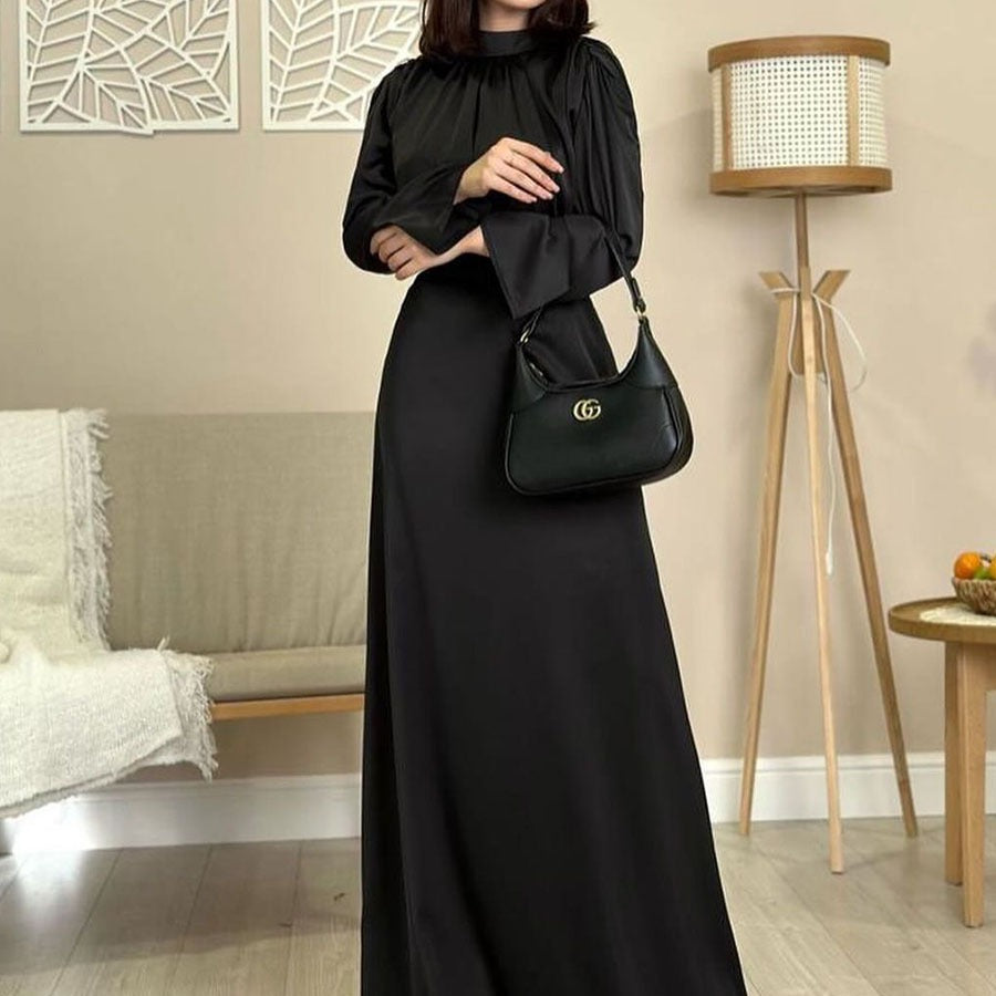 Satin Half Turtleneck Lace Up Long Sleeve High Waist Dress Black