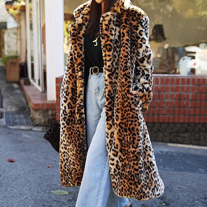 Long Faux Fur Coat Women Leopard Fur Coat Thickened Fleece