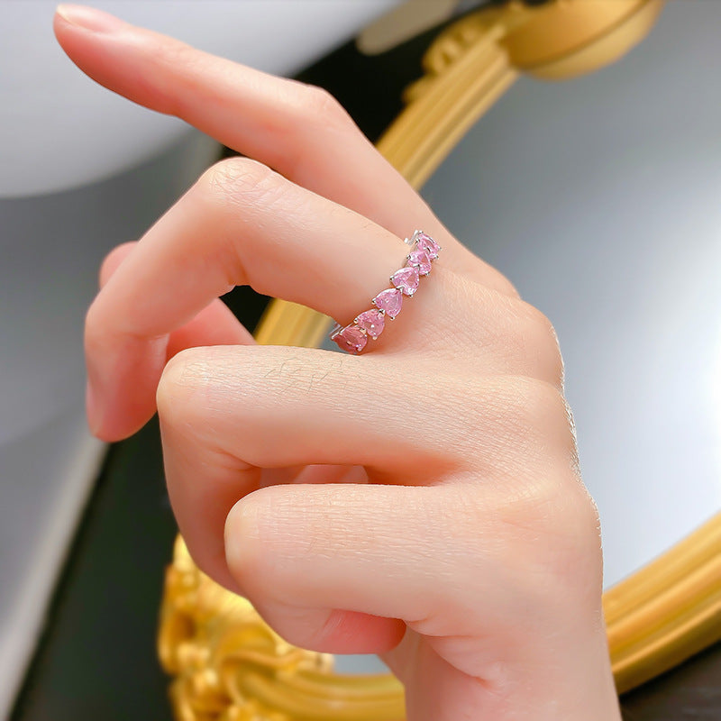 Jewelry Silver Heart Row Diamond Ring Twin Pink Diamond Ring Women Sweet Heart Ring