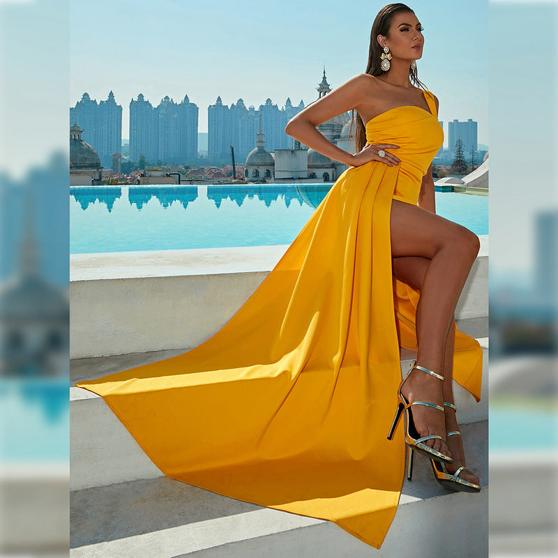 Summer Dress Women Sexy One Shoulder off Neck Ball Party Split Evening Dress Yellow