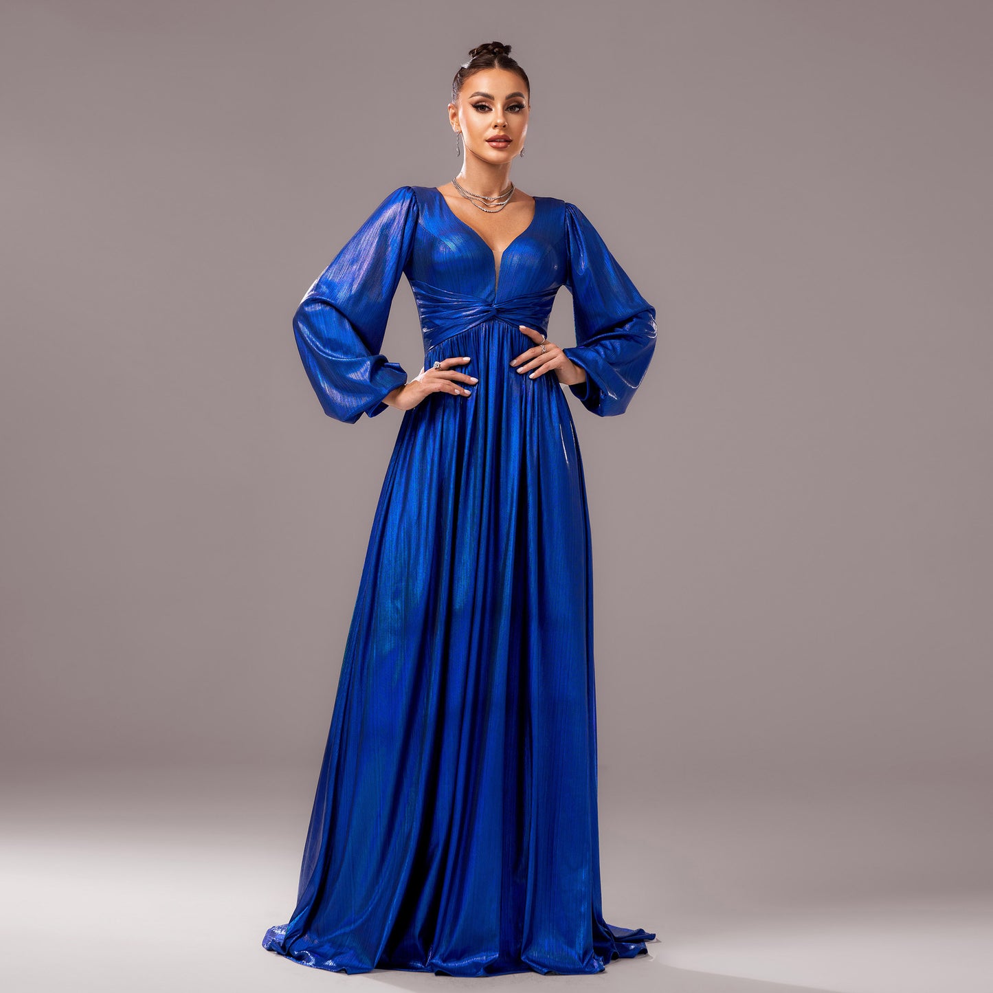 Long Sleeved V neck Cocktail Bronzing Waist Controlled Large Hem Evening Dress Bridesmaid Dress Women royal blue