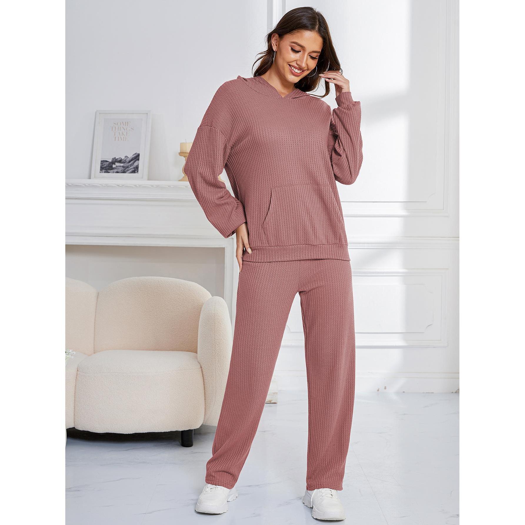 Hooded Casual Suit Women Pajamas Waffle Loose Long Sleeved Trousers Two Piece Home Wear