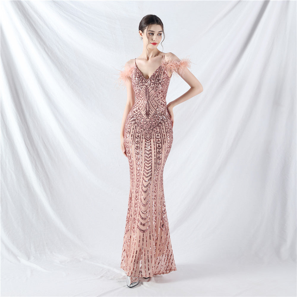 Positioning Floral Sequin Craft Order Ostrich Hair High End Evening Dress Pink