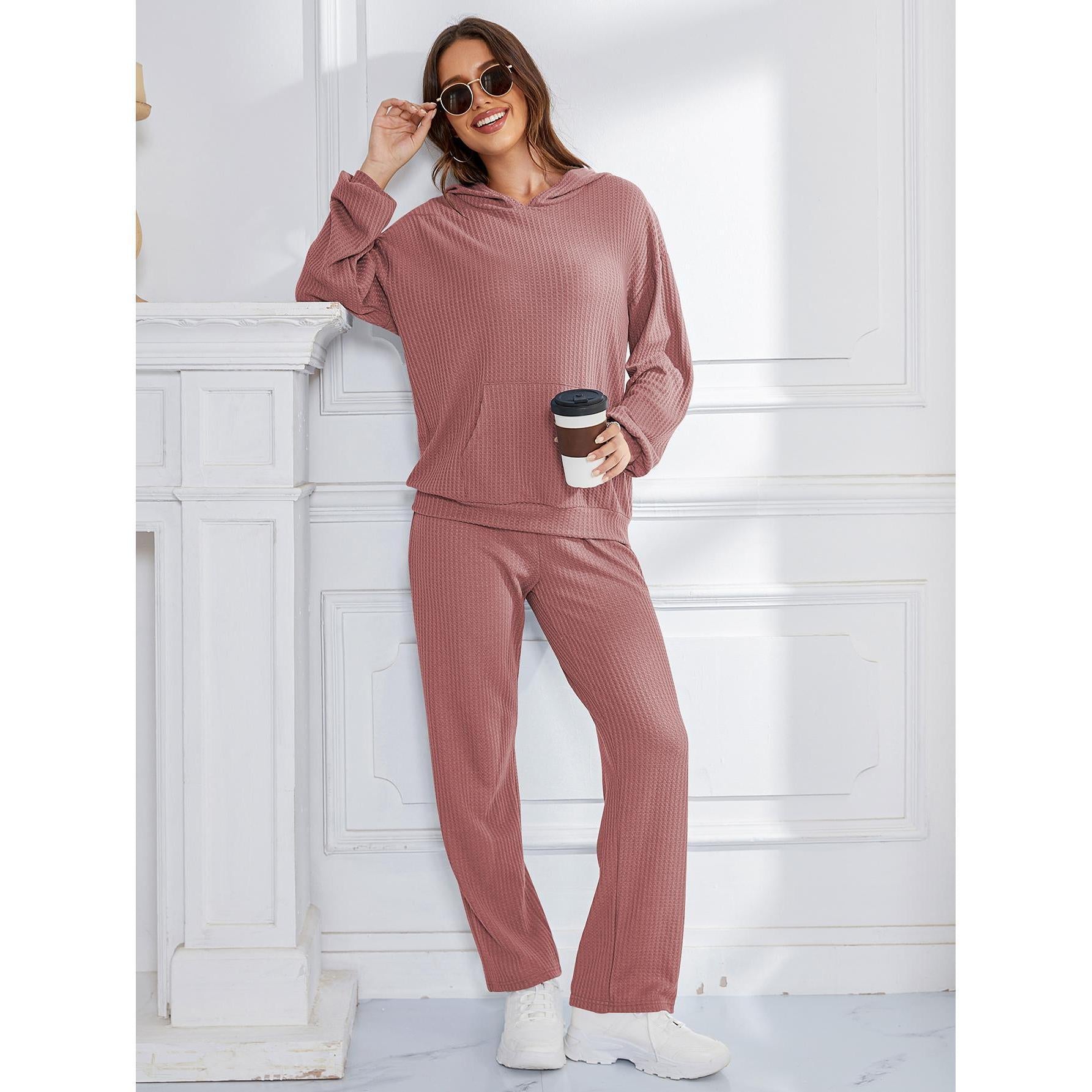 Hooded Casual Suit Women Pajamas Waffle Loose Long Sleeved Trousers Two Piece Home Wear