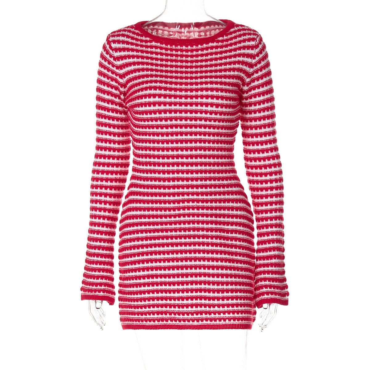 Fall Women Clothing Striped Knitted dress Long Sleeve Dress Red