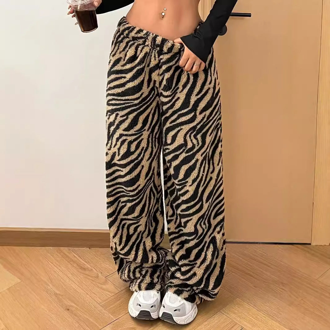 Autumn Winter Warm Leopard Print Pants Casual Comfortable Drape Wide Leg Women Trousers