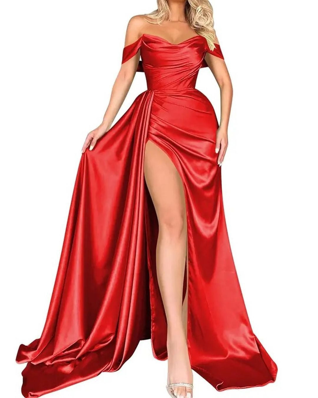 Cocktail High Slit Sexy Host Off Shoulder Slimming Party Evening Dress Red