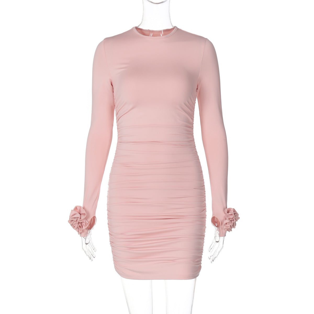 Women Clothing Autumn Sexy Slim Side Pleated Round Neck Long Sleeved Dress Pink