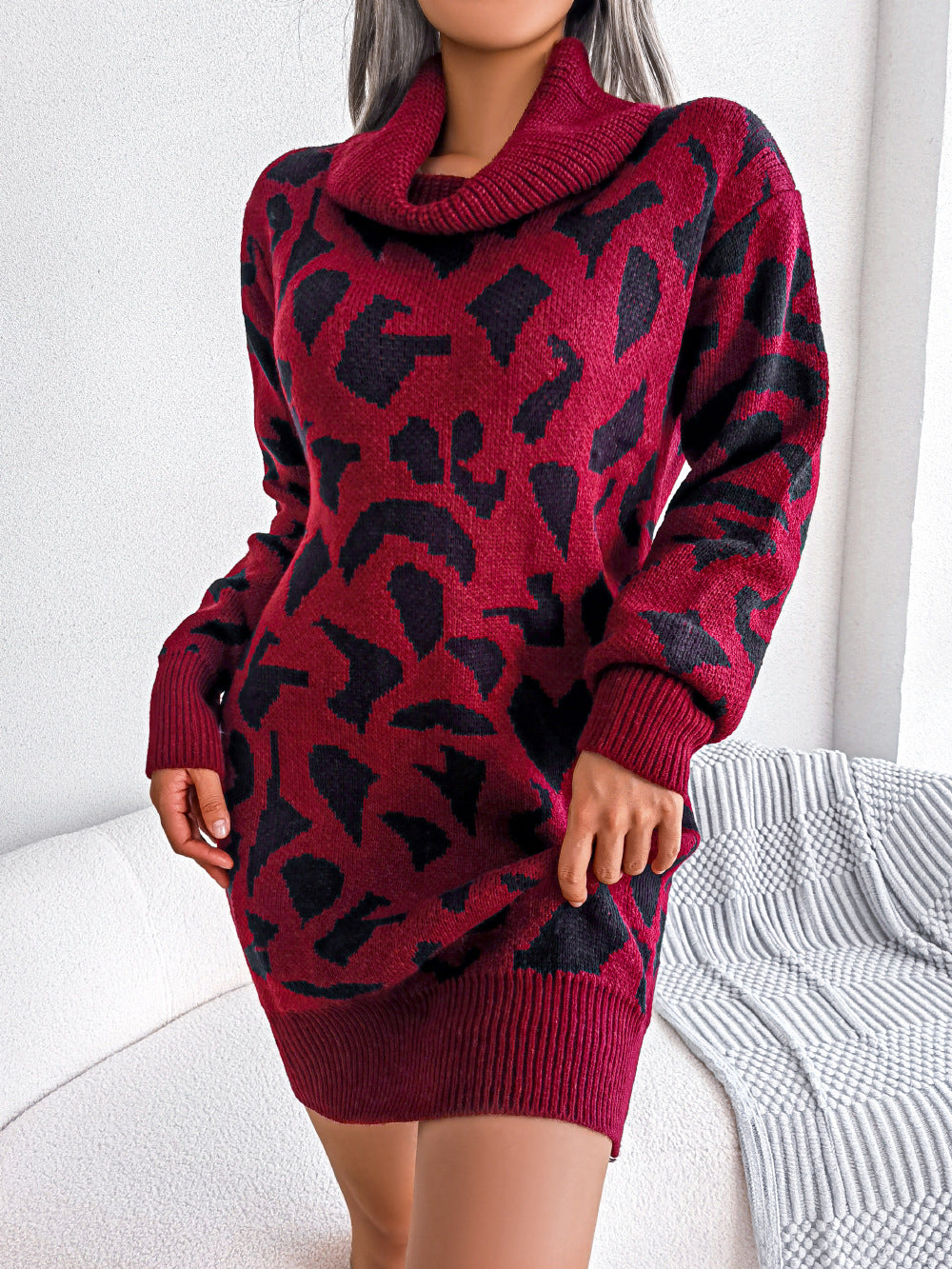 Autumn Winter Street Turtleneck Leopard Print Long Sleeve Base Sweater Dress Women Clothing Burgundy