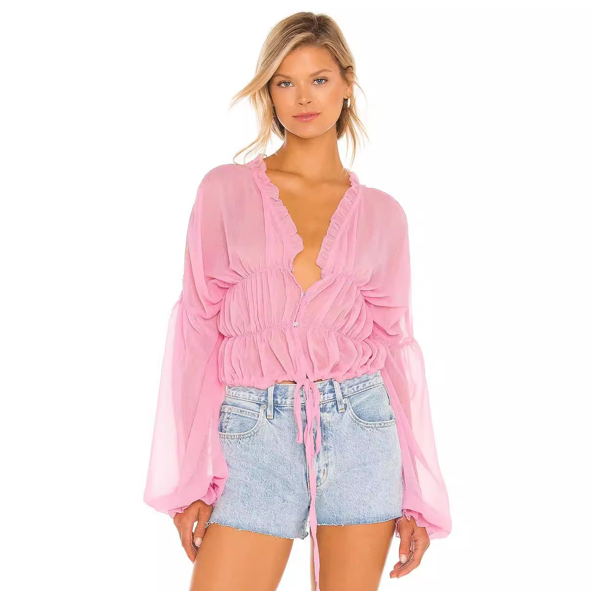 Fall Casual Women Wear Beach Cover Up Holiday Chiffon Bell Sleeve Top Pink