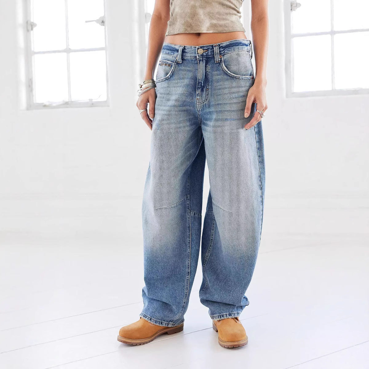 Retro Washed Distressed Loose Wide Leg Jeans Mopping Women