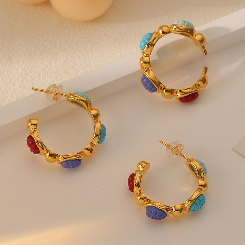 Color Gem C Shaped Earrings Ear Ring Affordable Luxury Niche High Sense Retro Silver Pin Earrings