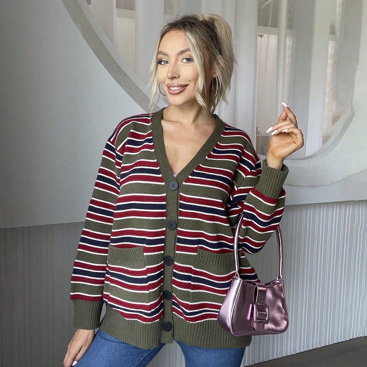 Women V neck Striped Stitching Contrast Color Knitted Cardigan Autumn Winter Casual Loose Sweater Coat