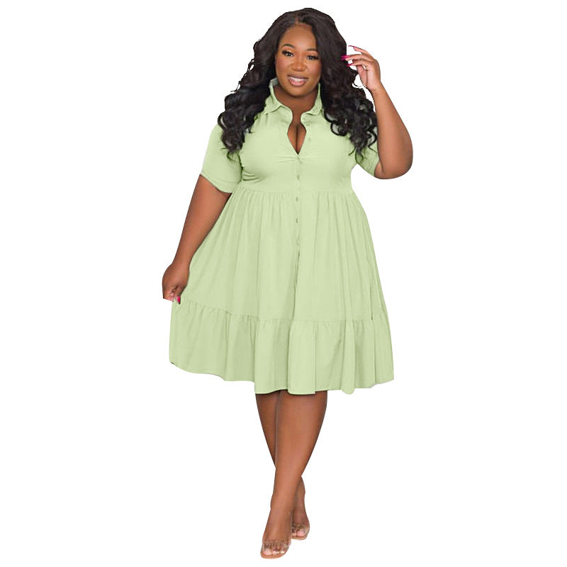 Plus Size Summer Solid Color Polo Collar Single Breasted Women Clothes Casual Short Sleeved Shirt Dress Light Green