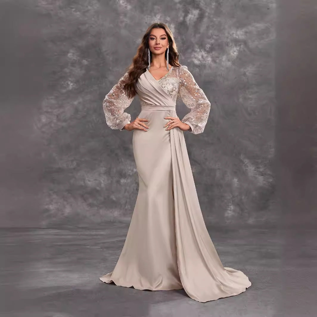 Women Cocktail Party Evening Dress Sequined Satin V neck Long Sleeve Elegant Evening Gown