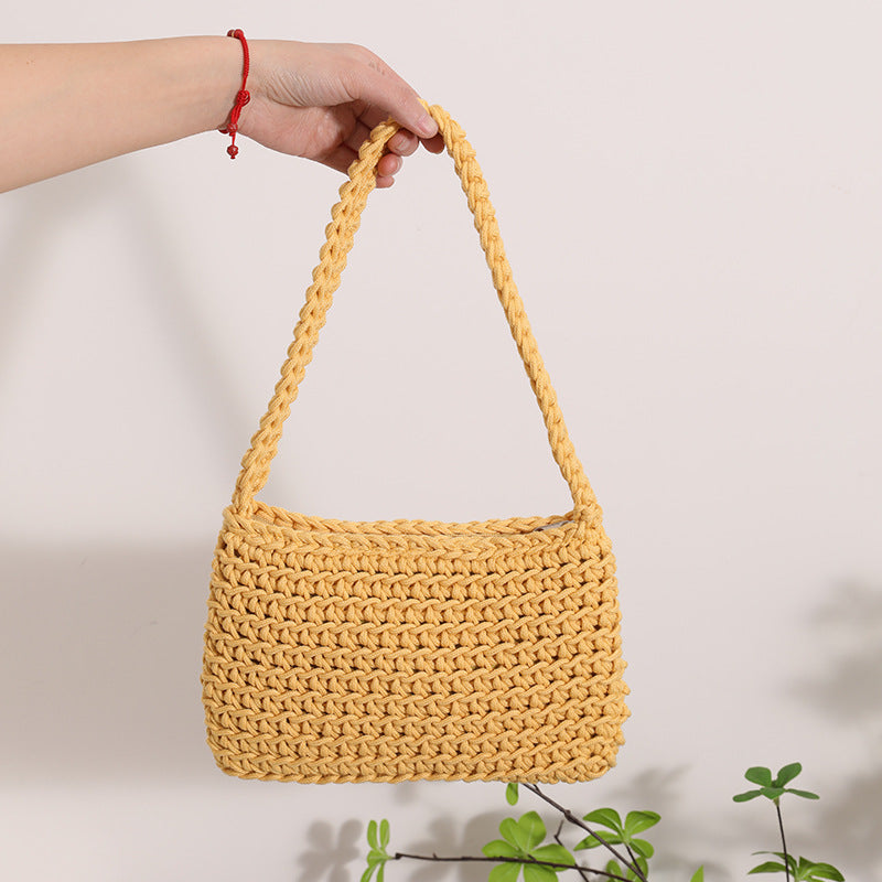 All Match Shoulder Cotton Thread Woven Bag Fresh Square Underarm Bag Straw Bag Solid Color Office Handbag Women One Size Cotton Thread Shoulder Yellow