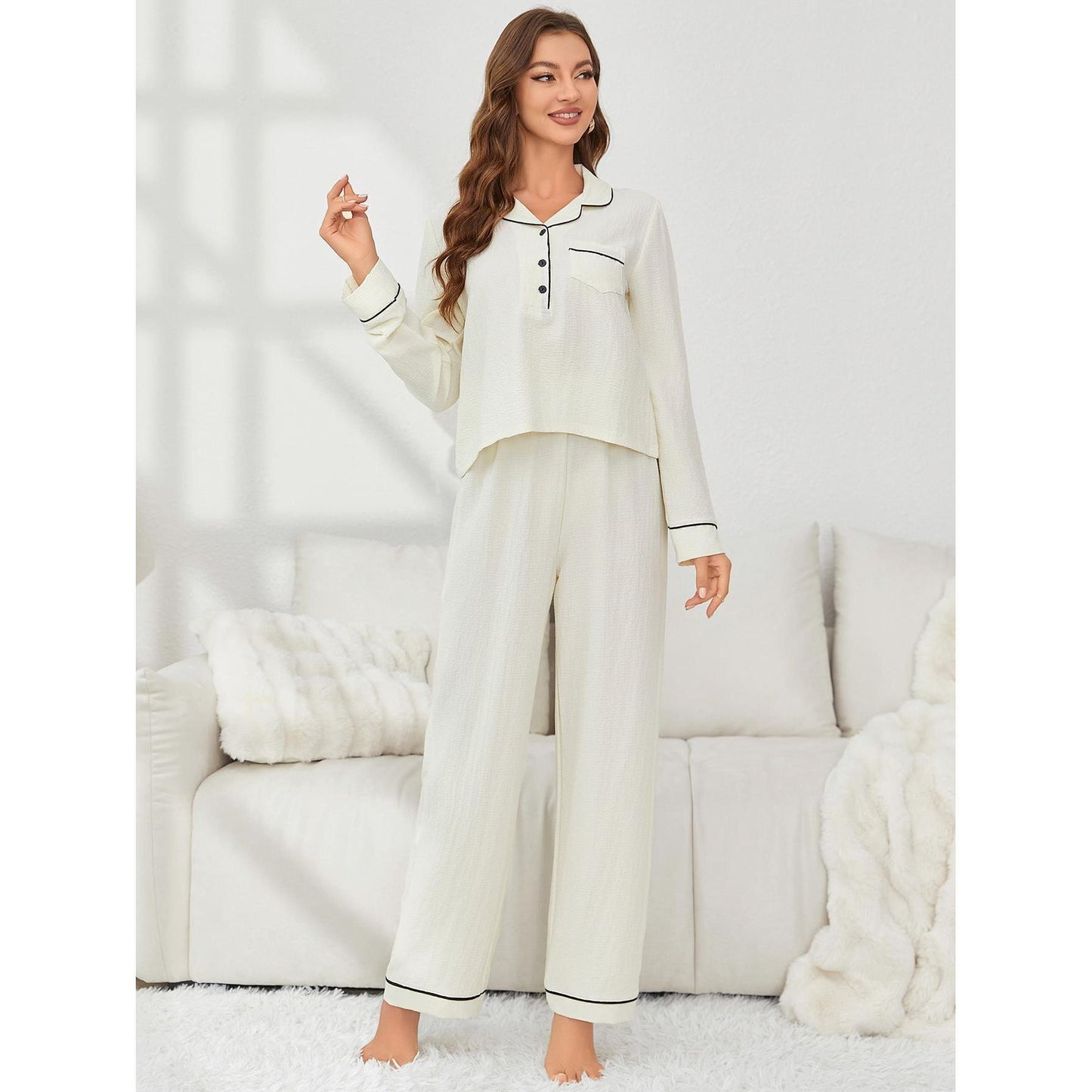 Home Wear Autumn Winter Long Sleeves Cardigan Trousers Two Piece Women Pajamas