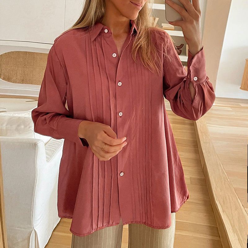 Spring Autumn Cardigan Single Breasted Collared Long Sleeve Solid Color Shirt Women