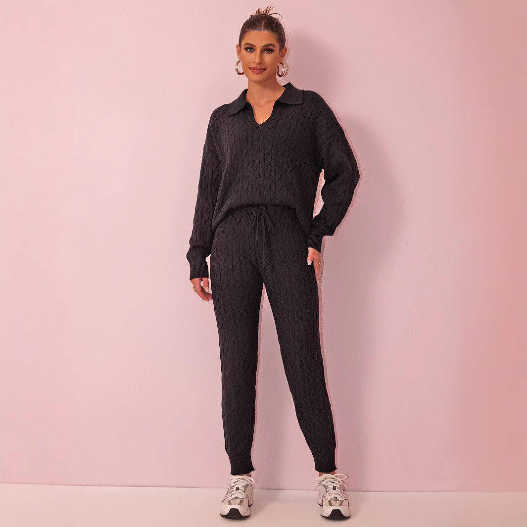 Autumn Winter Solid Color Sweater Trousers Knitted Two Piece Women