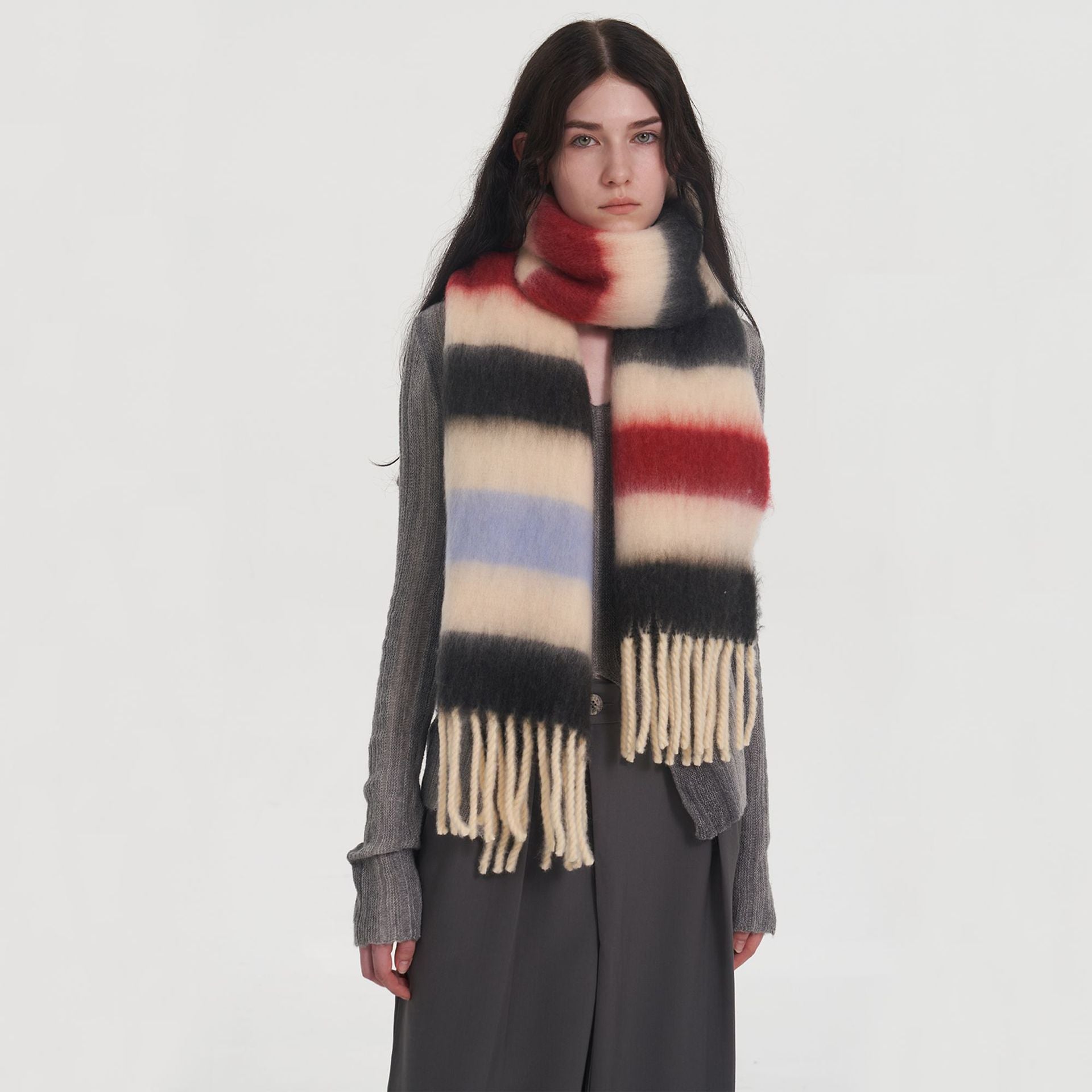 All Matching Thick Soft Glutinous Striped Stitching Mohair Cashmere like Plaid Scarf for Women Winter