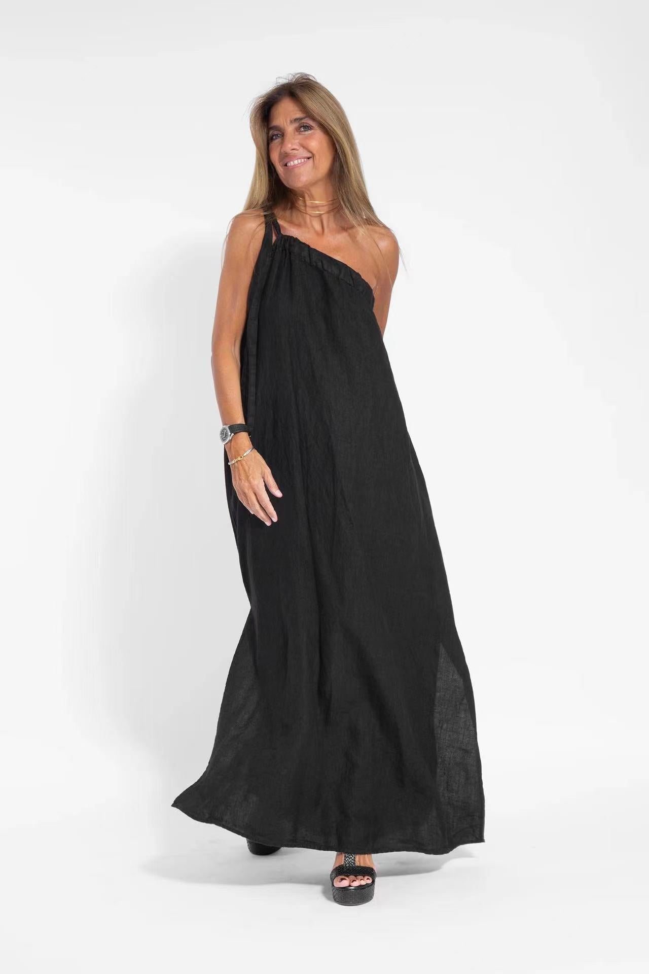 Fashionable off Shoulder Asymmetric Slit Dress Black