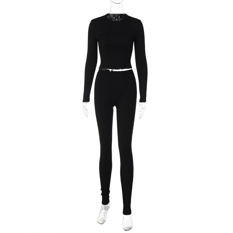 Women Clothing Summer round Neck Long Sleeve Top Slim Fit Sports Yoga Pants Suit L Black