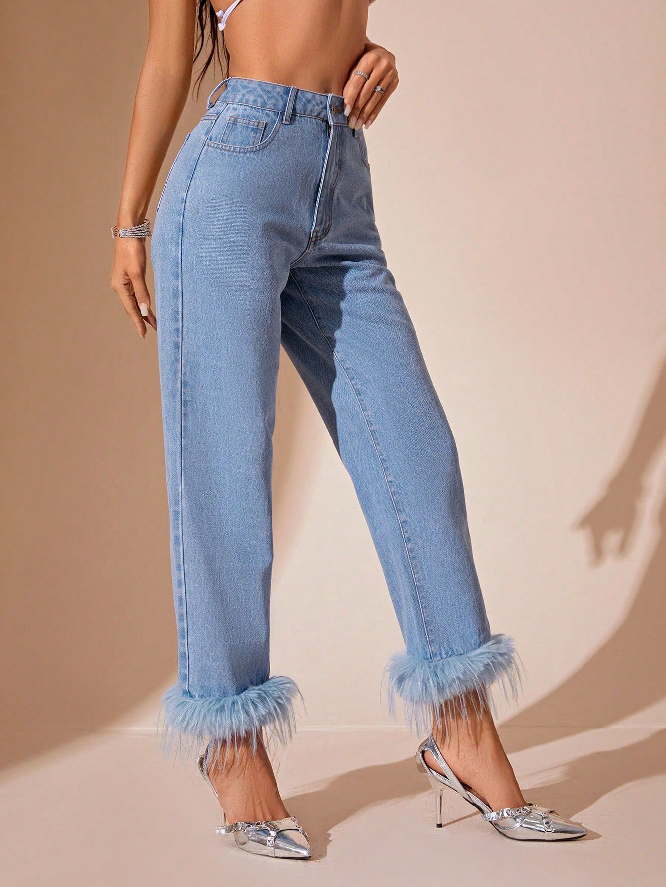 Women Clothing Furry Stitching Straight All Matching Jeans Blue