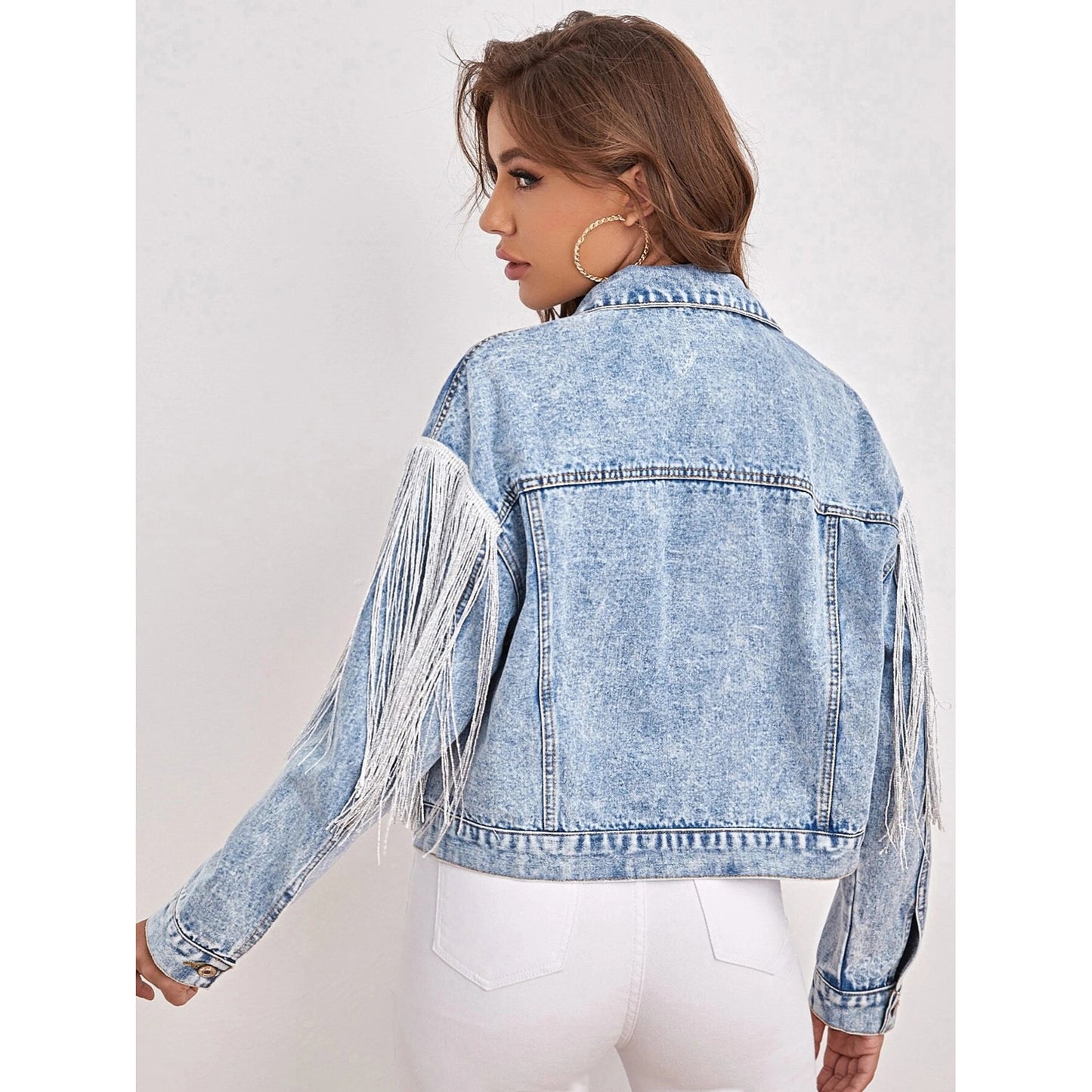 Popular Denim Jacket Tassel Collared Fried Floral Denim Jacket Women