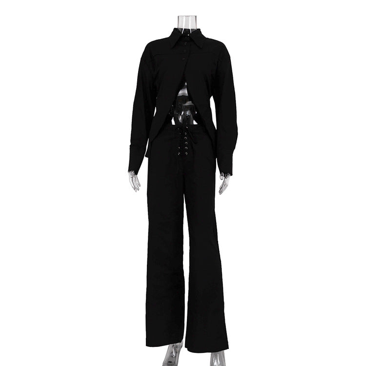 Women Collared Long Sleeves Cropped Design White Shirt Hollow Out Cutout out Tied Wide Leg Pants Two Piece Set Black