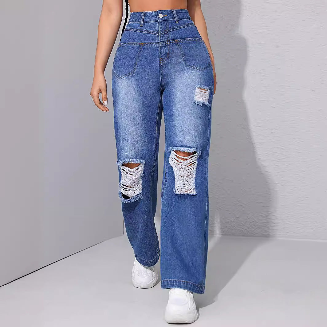 Ripped Jeans for Women Spring Summer High Waist Slimming Straight Front Bag Drape Small Straight Leg Pants