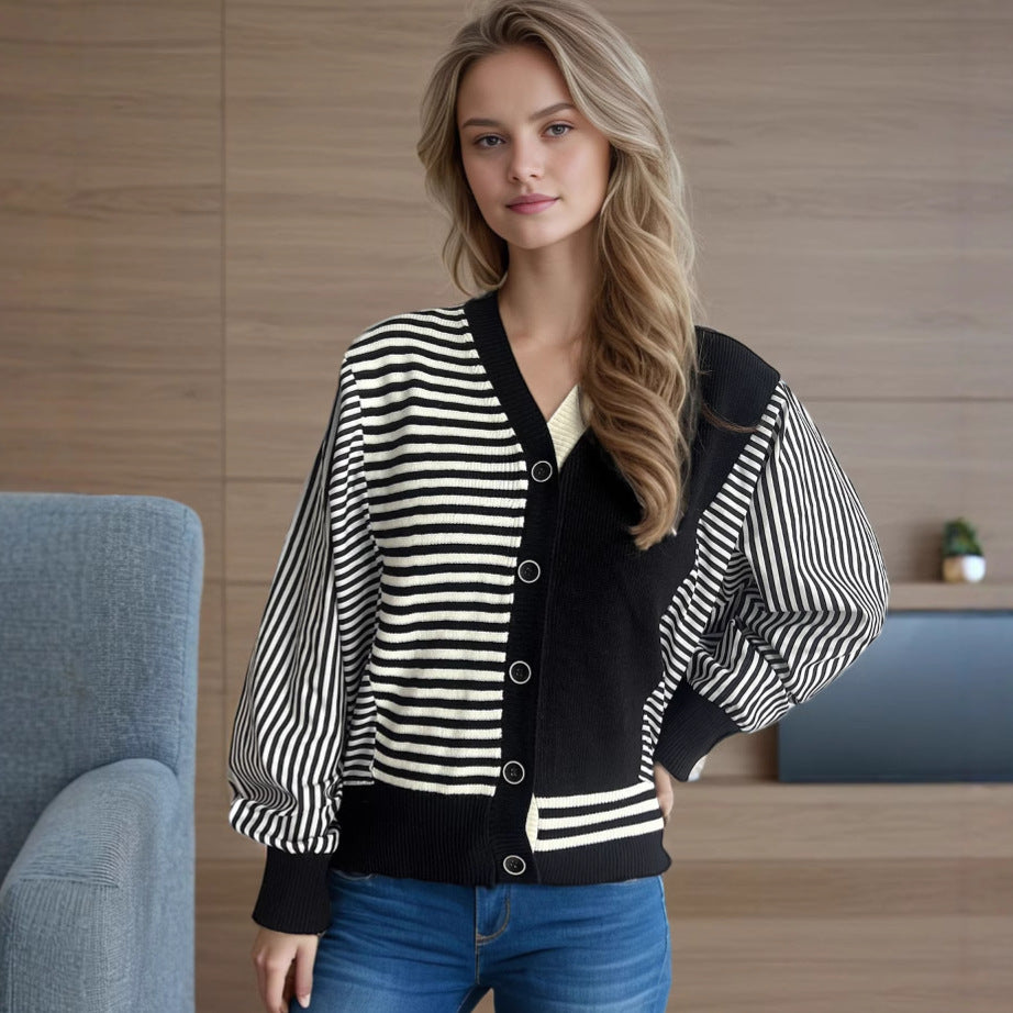 Autumn Winter Patchwork Striped Sweater V neck Short Casual Loose Long Sleeve Knitted Cardigan Black