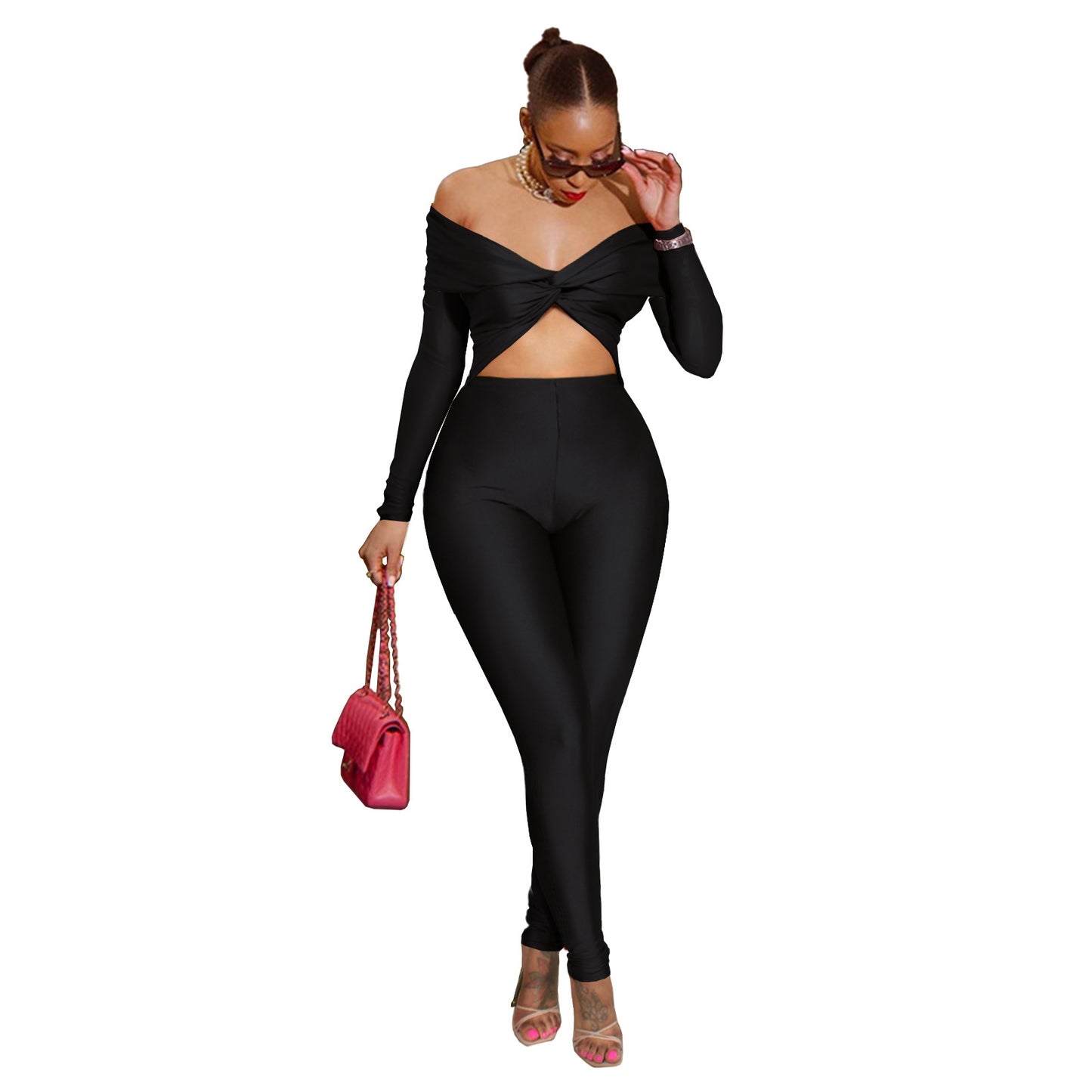 Women Clothing Collared Twist Hollow Out Cutout Cropped Sexy High Waist Long Sleeve Jumpsuit Black