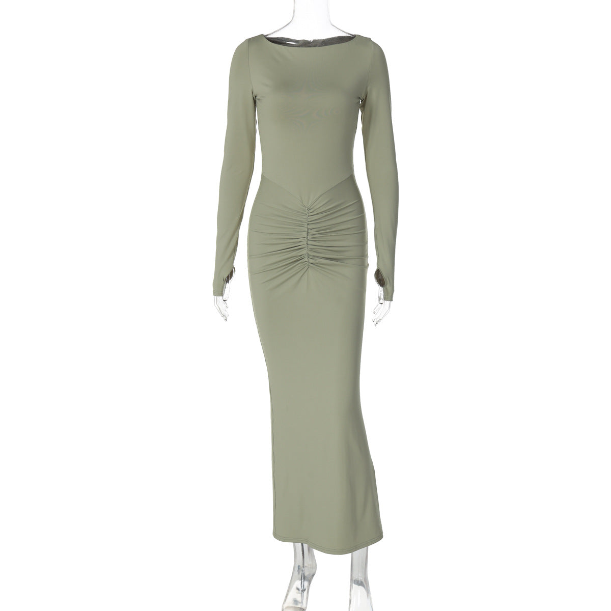 Winter Women Clothing Solid Color Long Sleeve Round Neck Pleated Slim Hip Dress Green