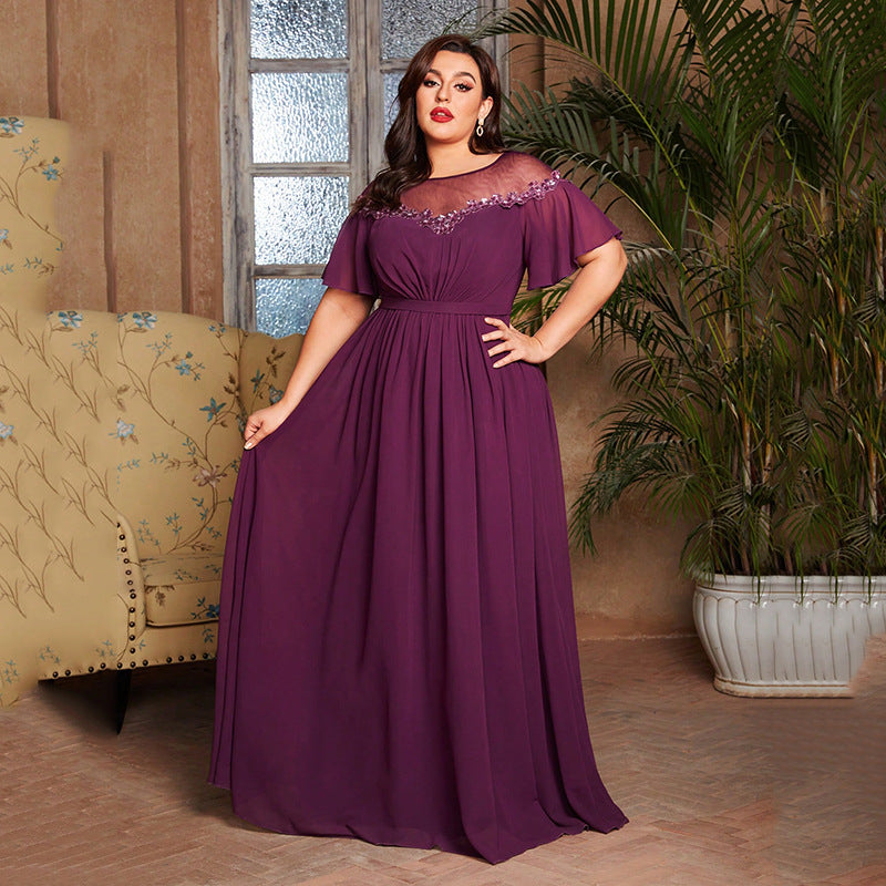 Plus Size Evening Dress Wedding Bridesmaid Dress round Neck Party Sequ Birthday Party Formal Dress Women Purple