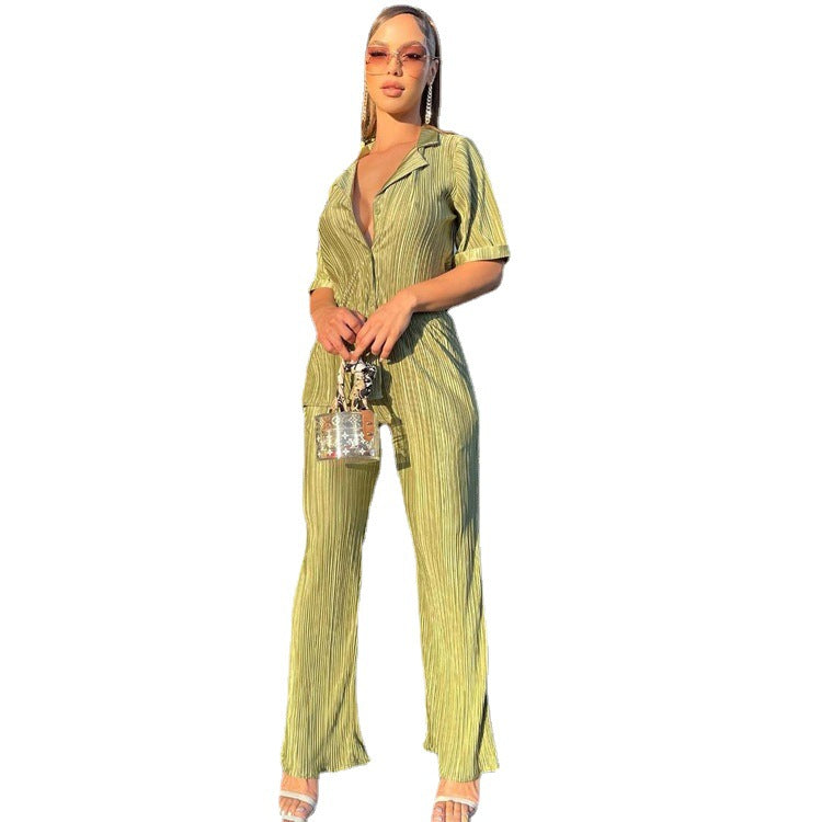 Summer French Office Green Short Sleeve Shirt Casual Pleated High Waist Wide Leg Pants Suit textured