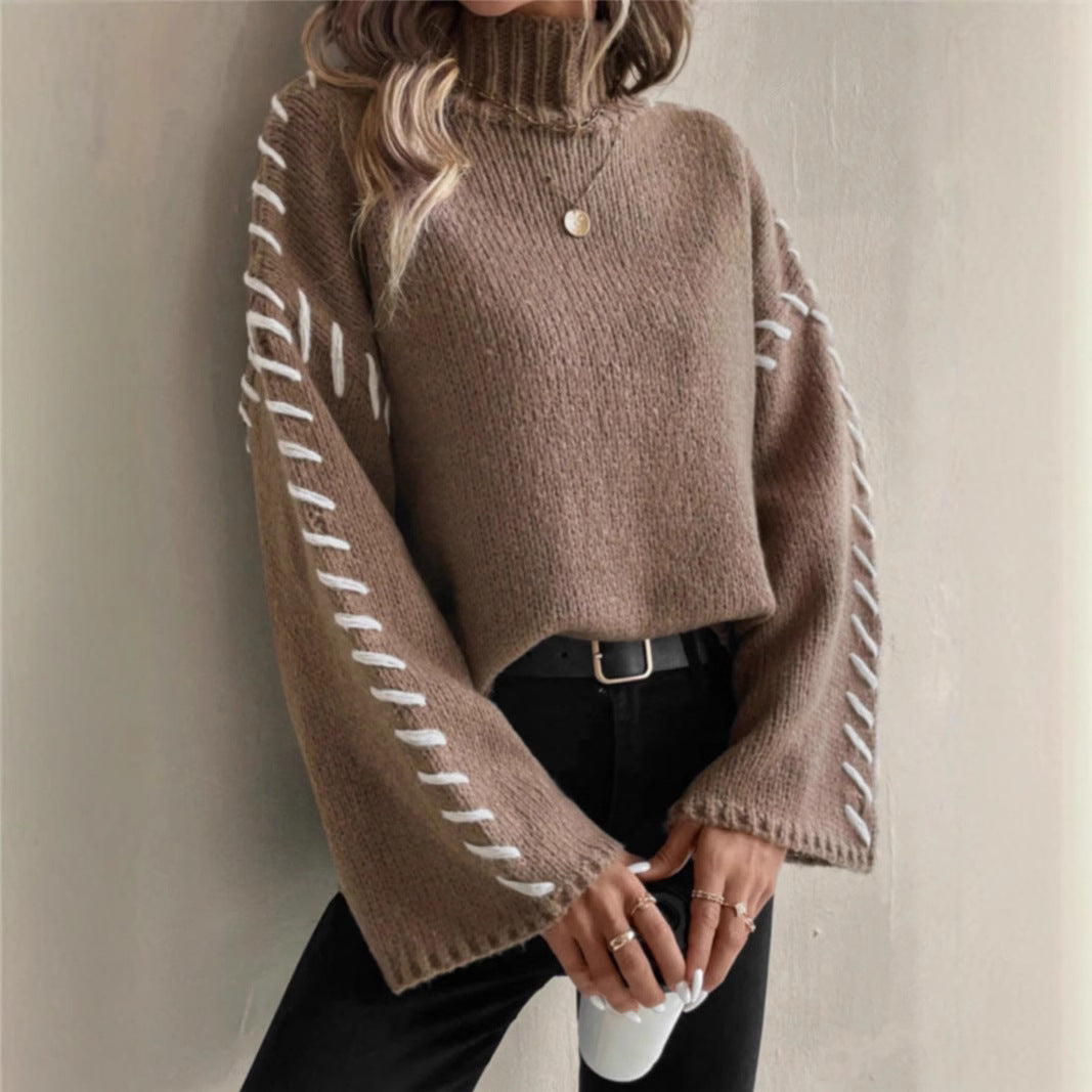 Long Sleeve Casual Loose Knitted Sweater High Neck Contrast Color Women