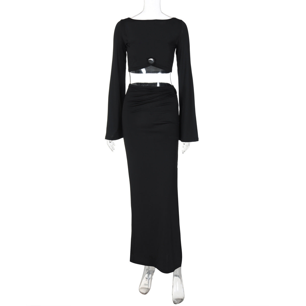 Women Clothing Autumn Solid Color Flared Long Sleeve Slim Fit Slit Dress Casual Set Black