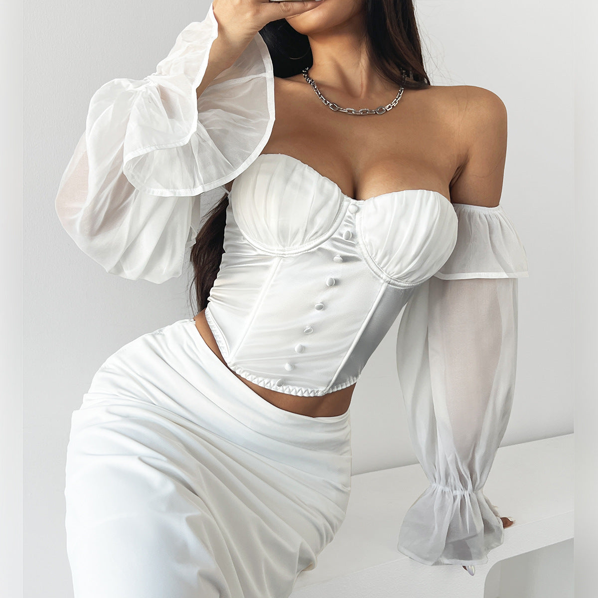 European French Satin High Grade Pleating Steel Ring Boning Corset Mesh Flared Sleeves off the Shoulder Sexy Top 1615