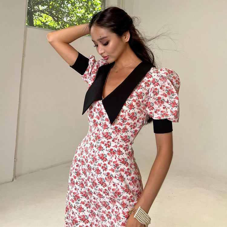 Women Clothing Summer Contrast Stitching Short Sleeves Doll Collar Printed Dress Maxi Dress