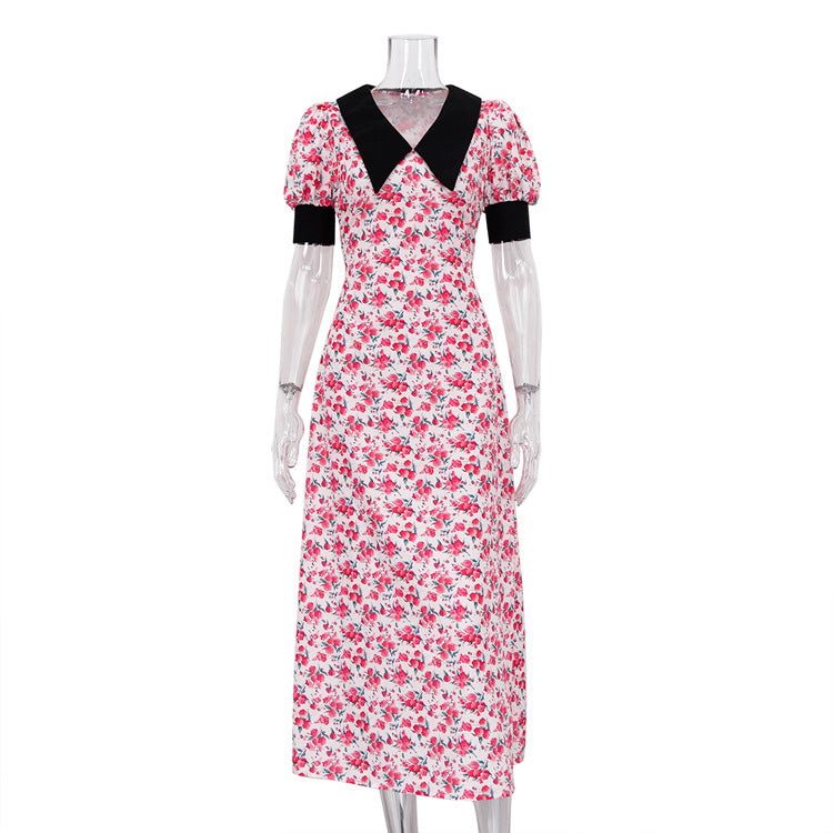 Women Clothing Summer Contrast Stitching Short Sleeves Doll Collar Printed Dress Maxi Dress Pink