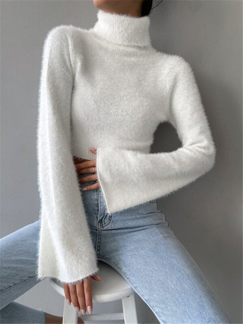 Autumn Winter High Neck Short Exposed Cropped Plush Sweater