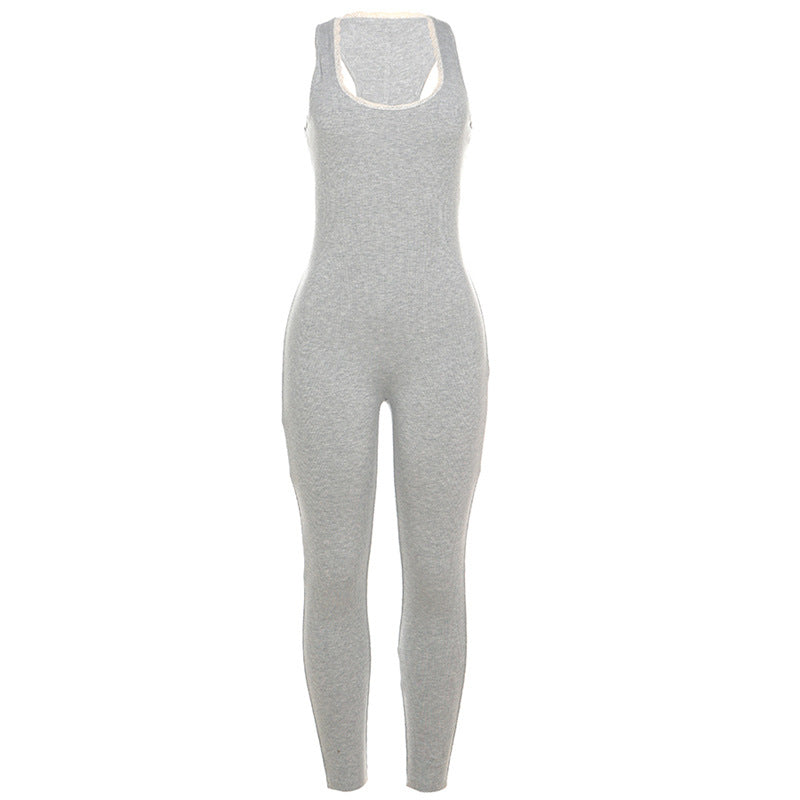 Autumn Winter Women Clothing Stitching Lace U Shaped Sleeveless I Shaped Tight Jumpsuit Gray