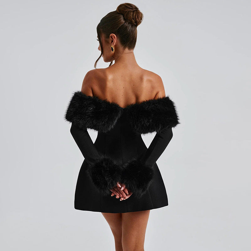 Autumn Winter Women Clothing Sexy Fur Collar off Shoulder Slim Slimming A line Dress