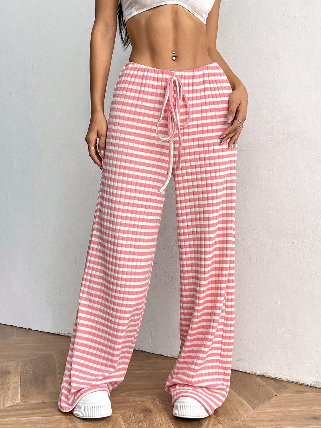 Autumn Winter Women Casual Striped Solid Color Rubber Band Drawstring Straight Leg Pants Pink and White Stripes