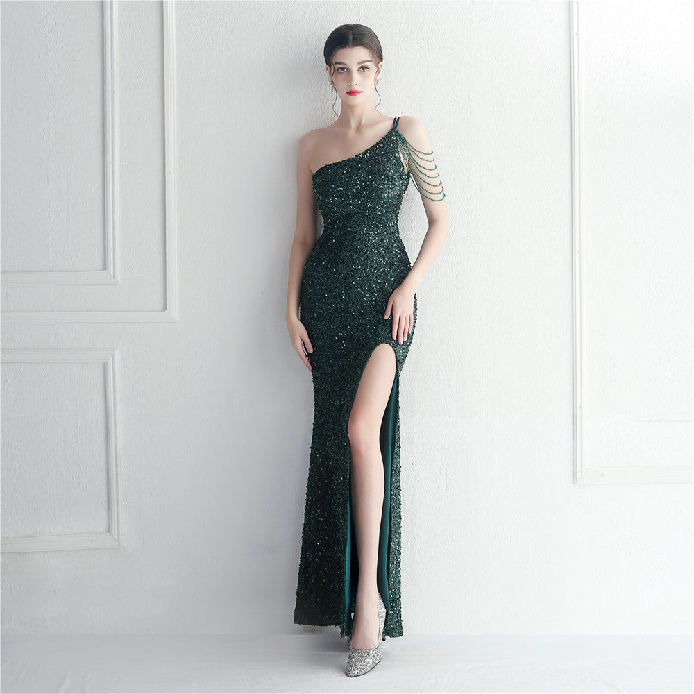 Craft Beaded Single Shoulder Suspender Sheath Split Leg Exposed Nightclub Evening Dress Dress blackish green