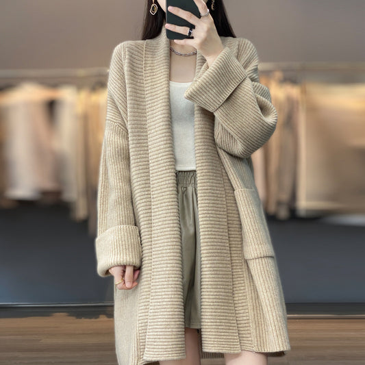 Mid Length Idle Knitted Cardigan Women Loose Design Collared Thickening Solid Color Sweater Coat Overcoat