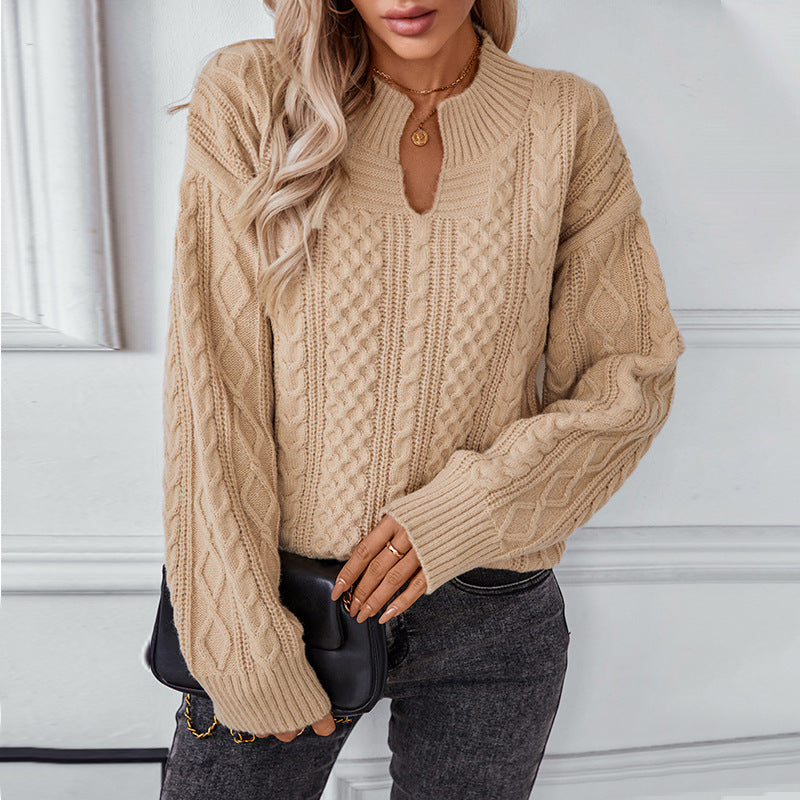 Solid Color Twisted Pullover Cardigan Collar Sweater Women Autumn Winter Retro Loose Long Sleeve Sweater