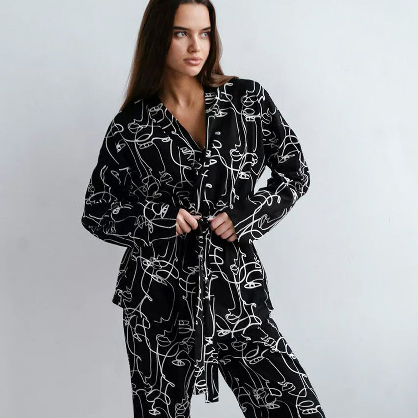 Floral Print Cardigan Long Sleeve Pants Homewear Loose Casual Comfortable Pajamas Women Black